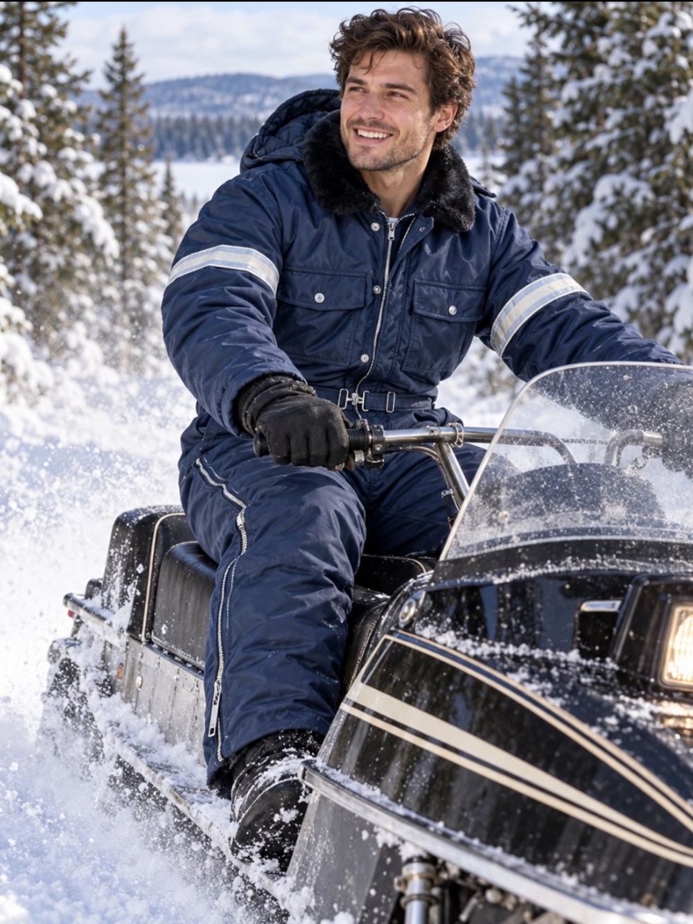 Vtg Fieldmaster one-piece insulated snowmobile suit in navy blue, tagged men M